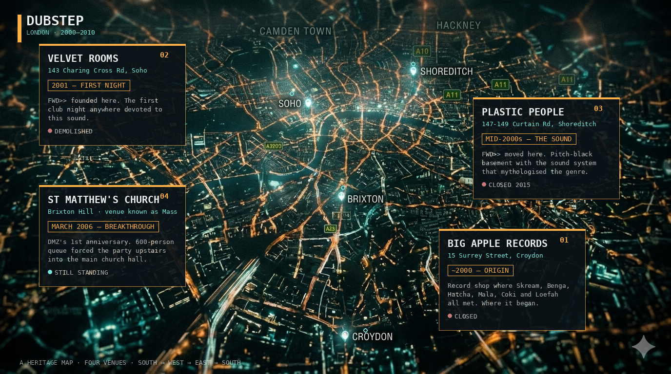 Annotated London map of dubstep landmarks